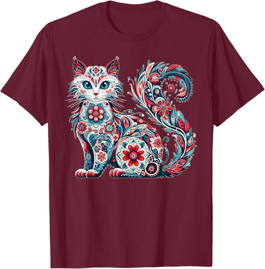 Scandinavian Nordic Folk Art Colorful Cat Flower Cottagecore T-Shirt - T-Shirt | Maroon