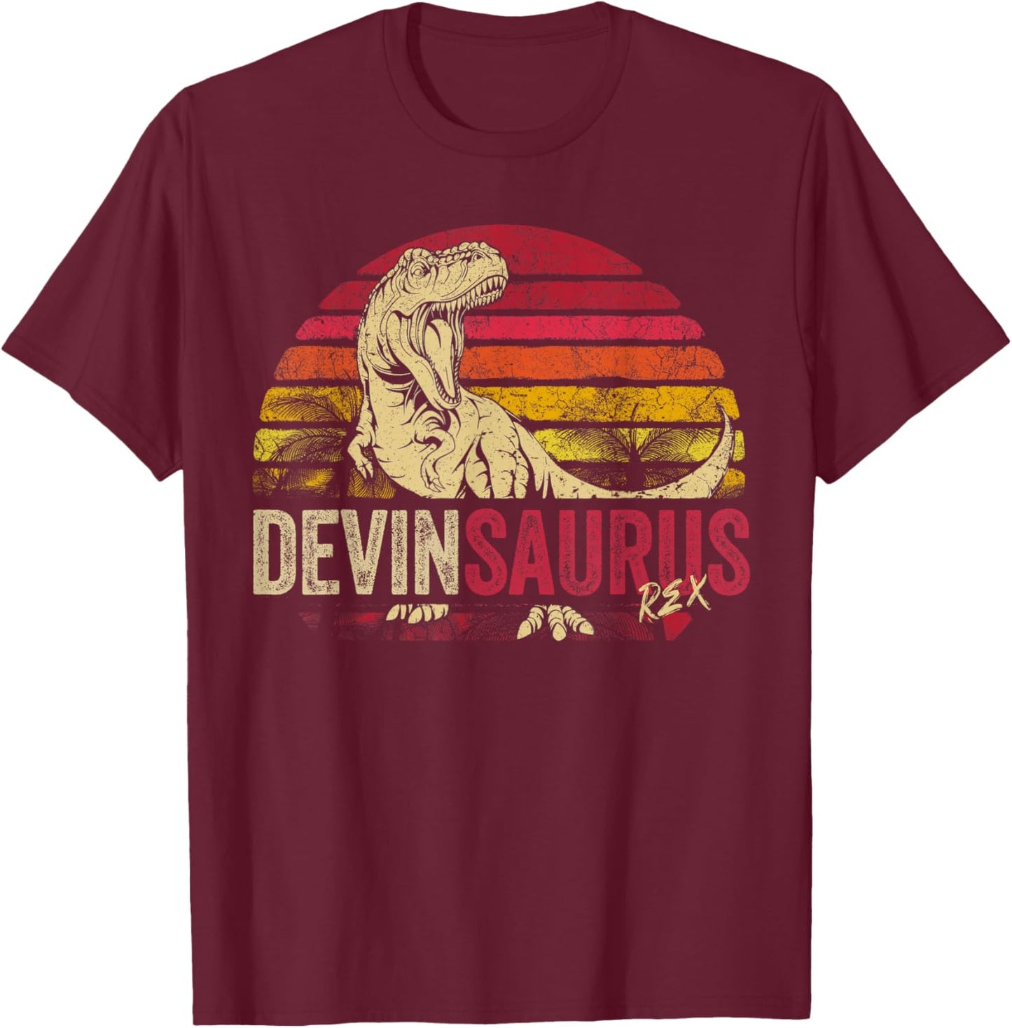 Devin Saurus Funny Personalized Dinosaur T Rex Boys Name T-Shirt - T-Shirt | Maroon