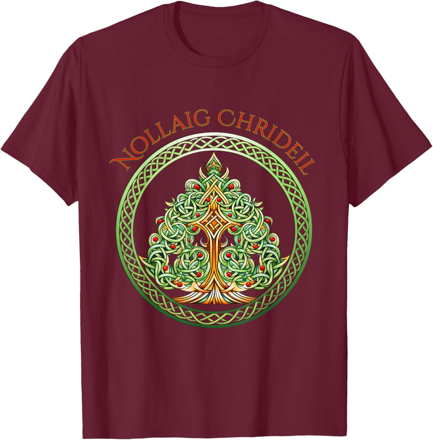 Nollaig Chridheil Scottish Celtic Christmas Tree T-Shirt - T-Shirt | Maroon