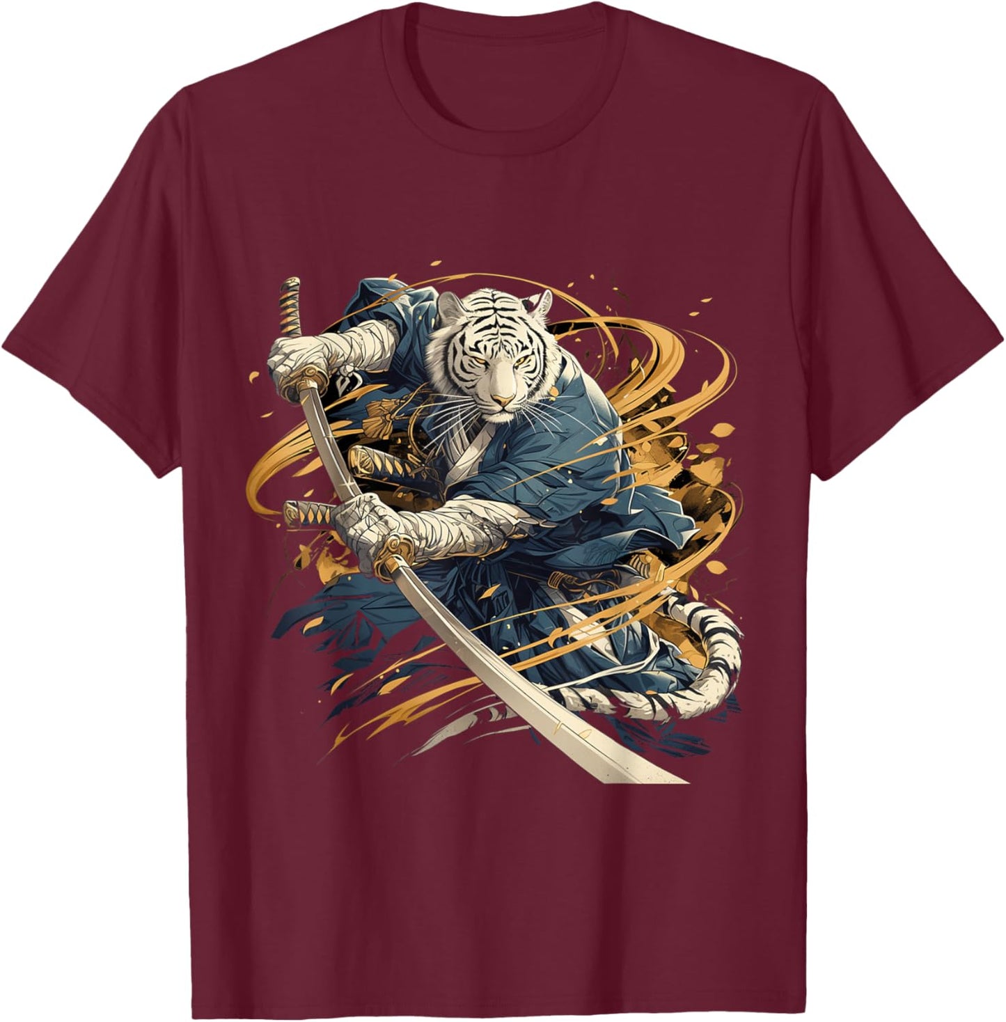 Japanese Art Tiger Ninja Ukiyo-e Anime Style Samurai Tiger T-Shirt - T-Shirt | Maroon
