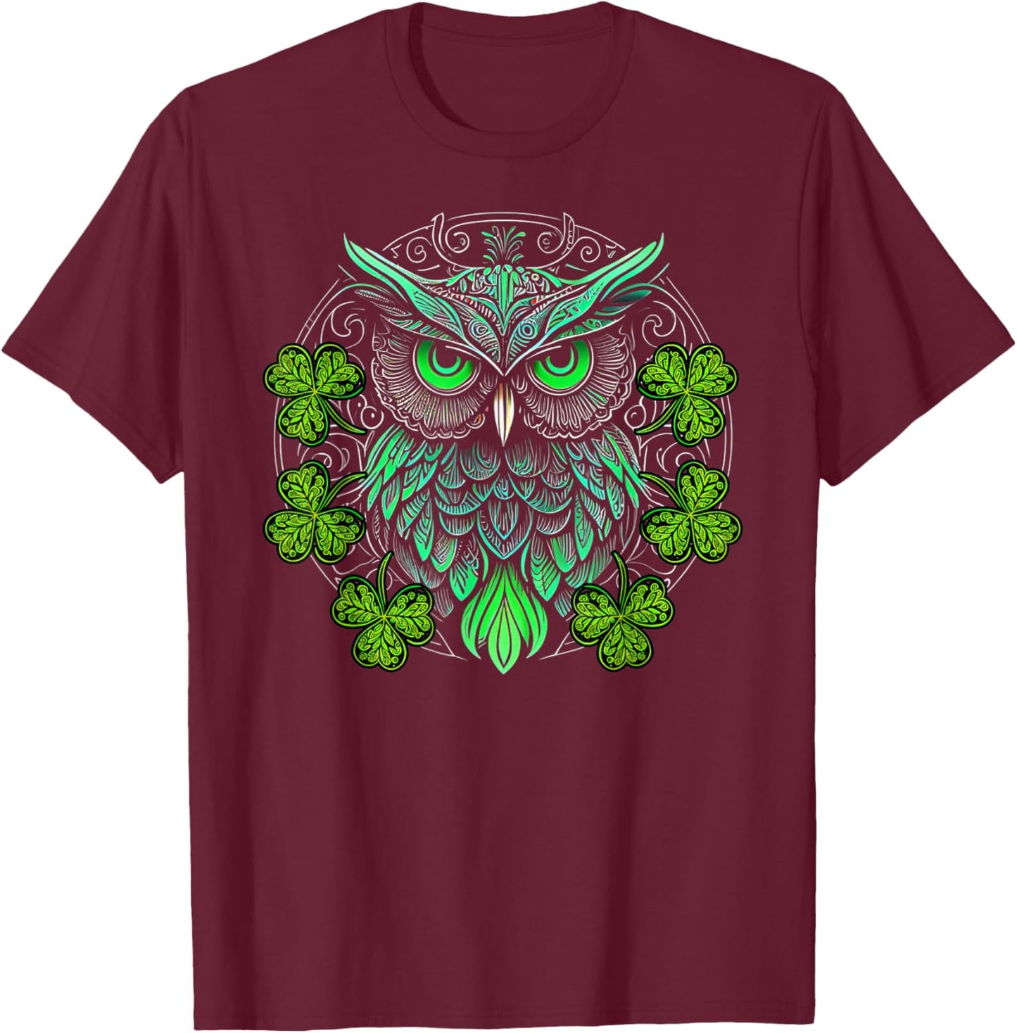 Cute Owl Bird Mandala Irish Shamrock Clover St Patricks T-Shirt - T-Shirt | Maroon