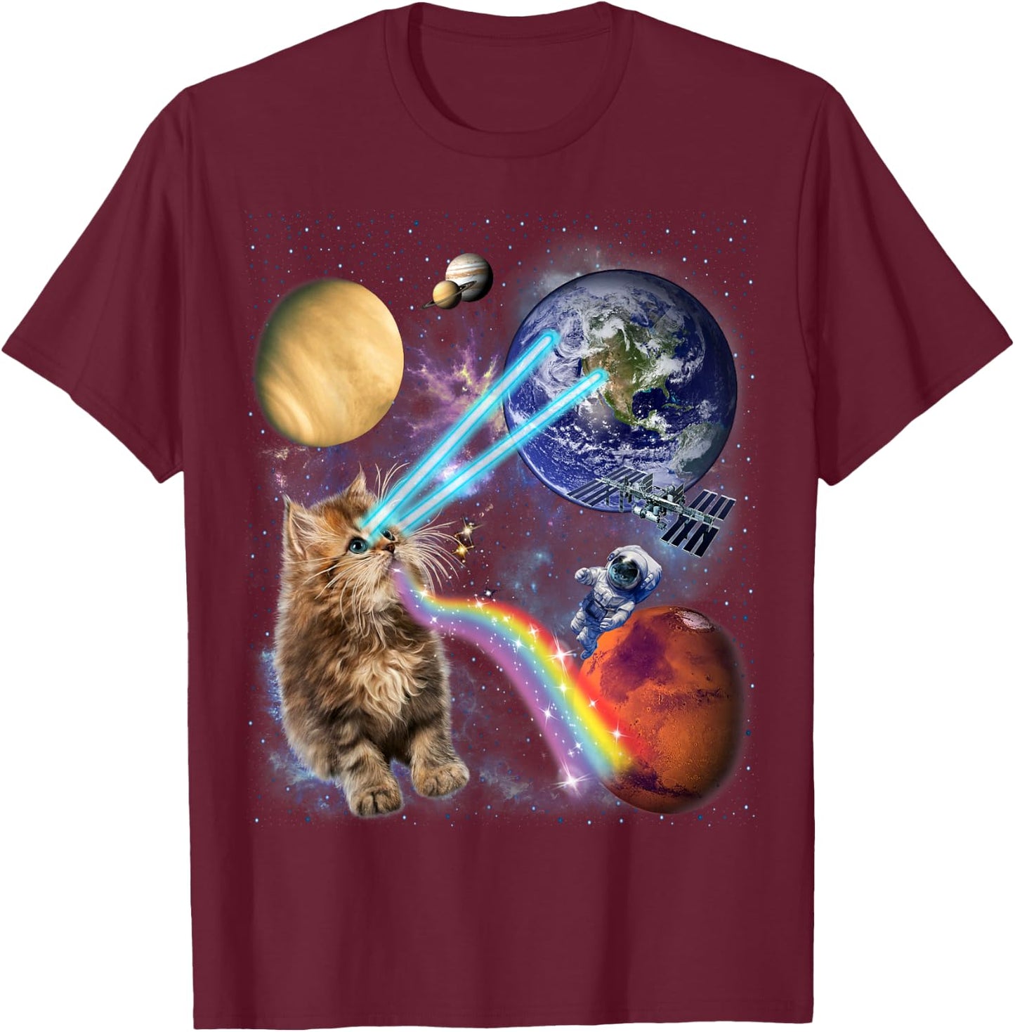 Fluffy Cat with Galactic Rainbow Beams Women Kids T-Shirt - T-Shirt | Maroon