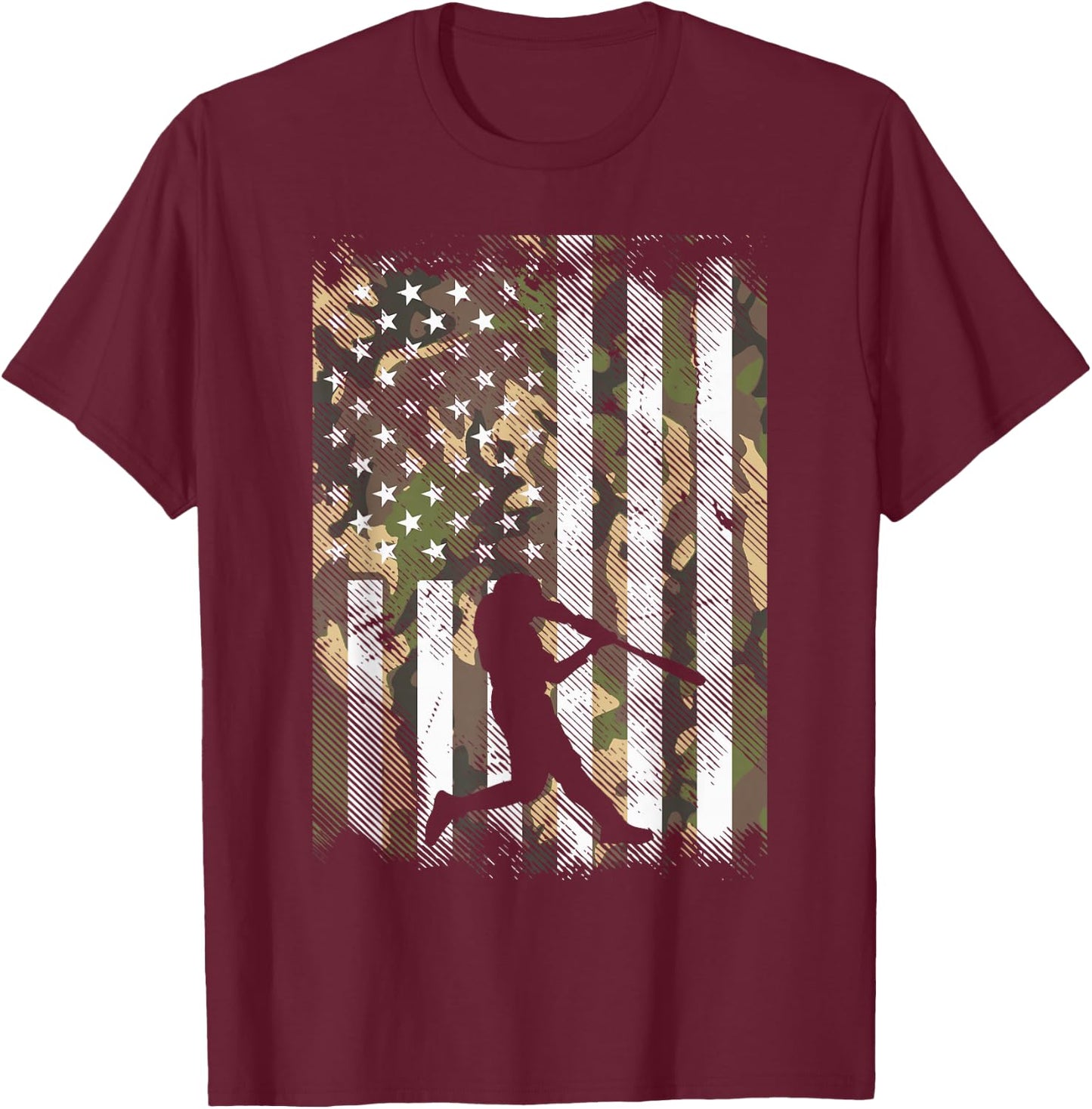 Camo Flag Baseball Player Vintage Patriotic Men Women Kids T-Shirt - T-Shirt | Maroon