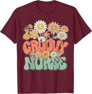 Retro Groovy Nurse Floral Hippie Daisy Flower Matching Nurse T-Shirt - T-Shirt | Maroon