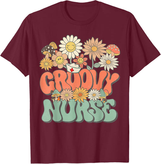 Retro Groovy Nurse Floral Hippie Daisy Flower Matching Nurse T-Shirt - T-Shirt | Maroon