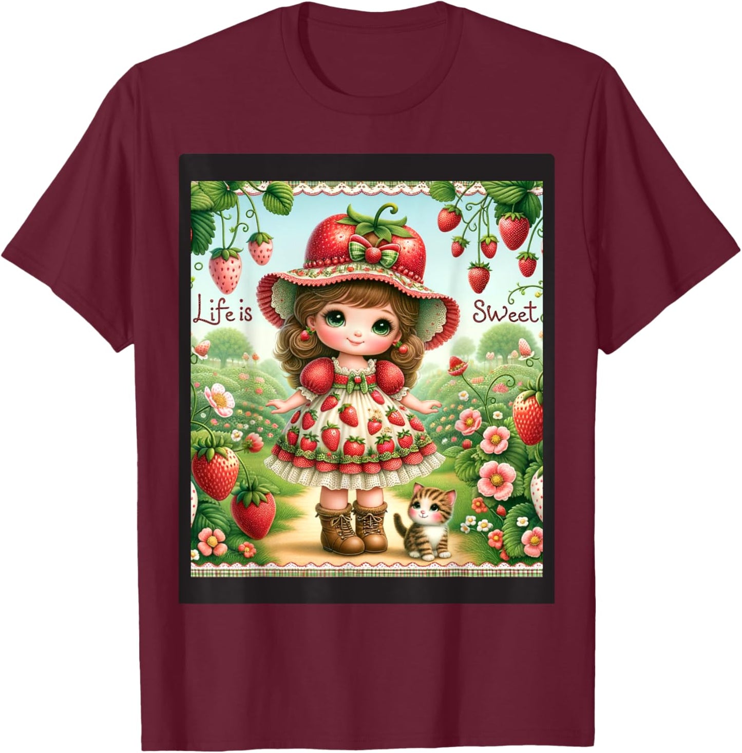 Cute Life Is Sweet Strawberry Cake Vintage Berry Garden T-Shirt - T-Shirt | Maroon
