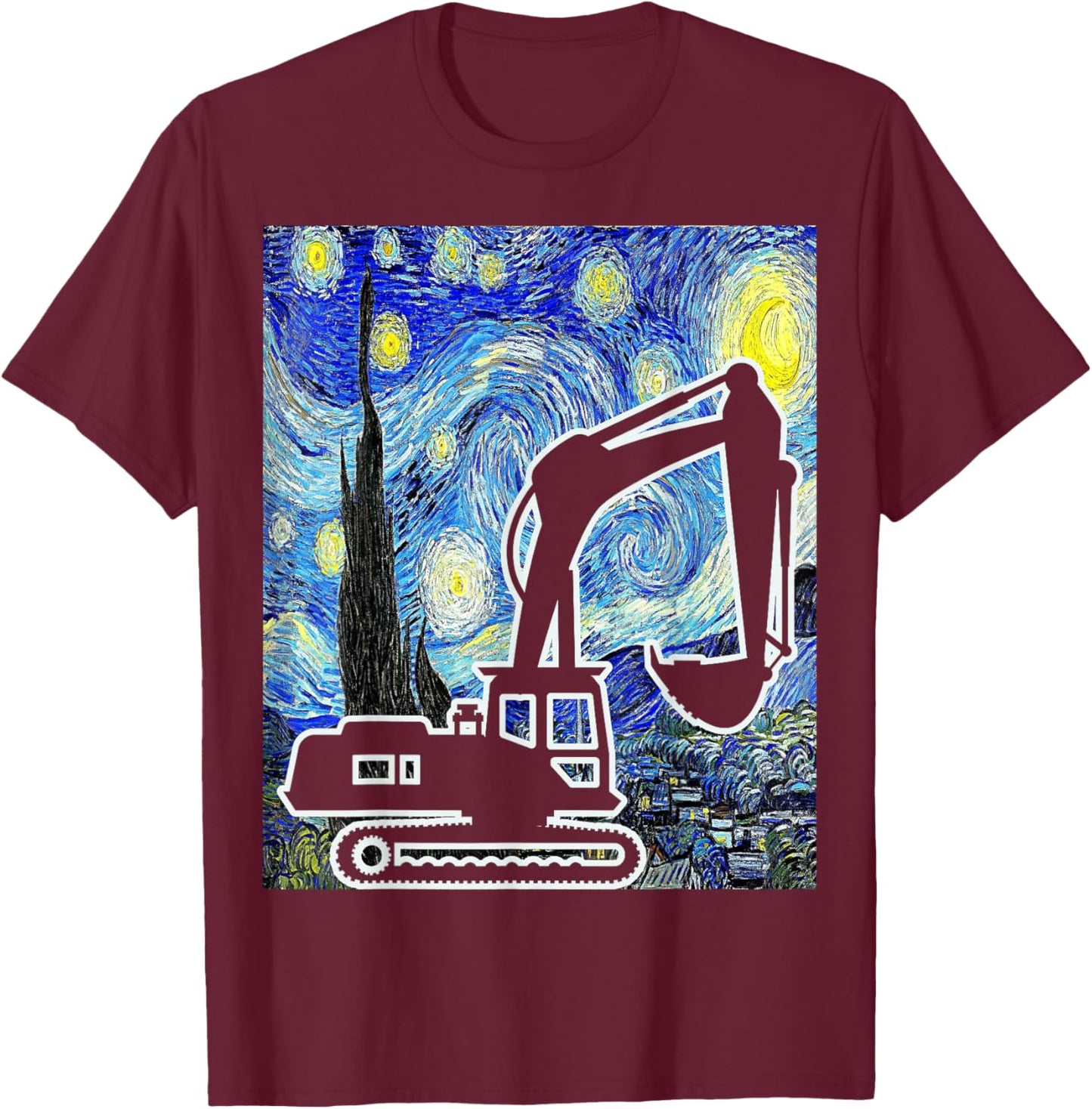Excavator Starry Night Construction Vehicle Painting T-Shirt - T-Shirt | Maroon