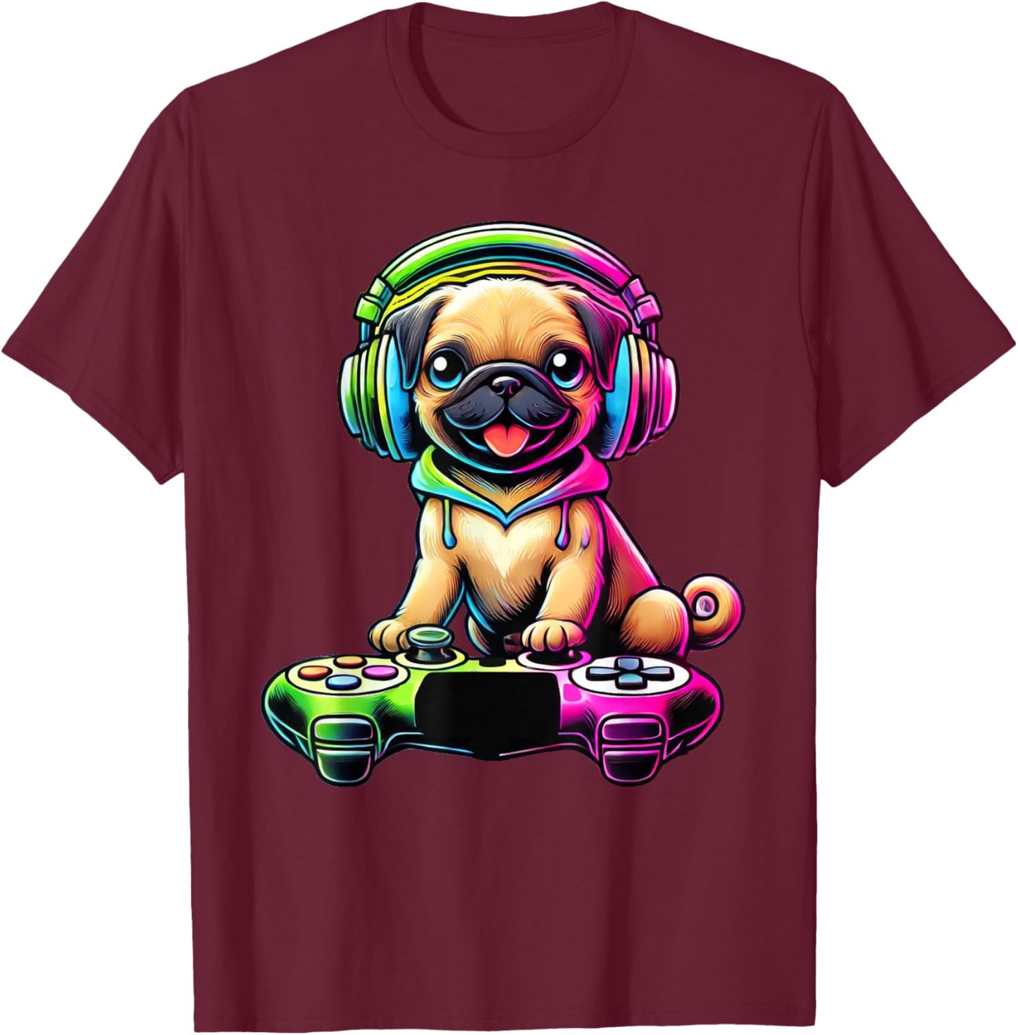 Dog Pug Funny Video Games Gamer T-Shirt - T-Shirt | Maroon