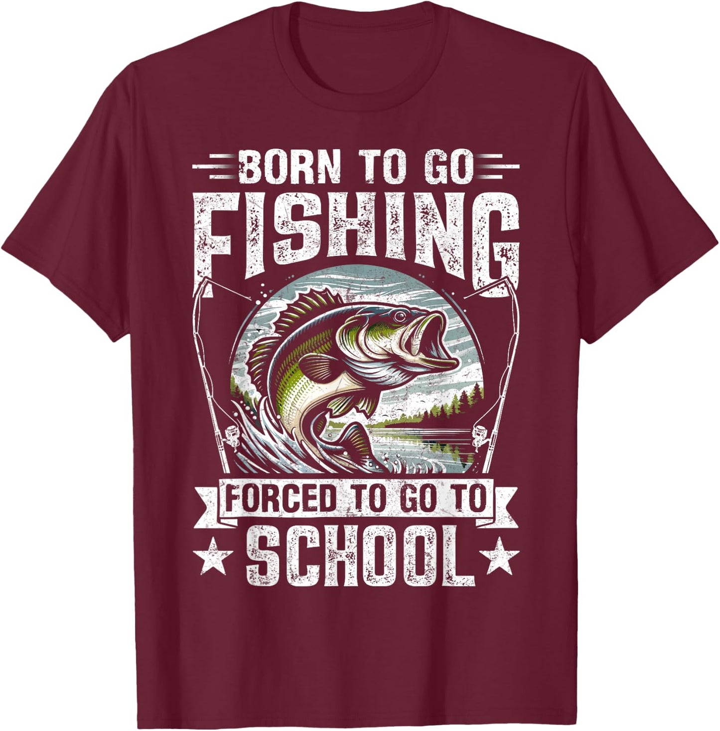 Teen Boys Fishing Shirt Forced to Go to School Bass Fish T-Shirt - T-Shirt | Maroon
