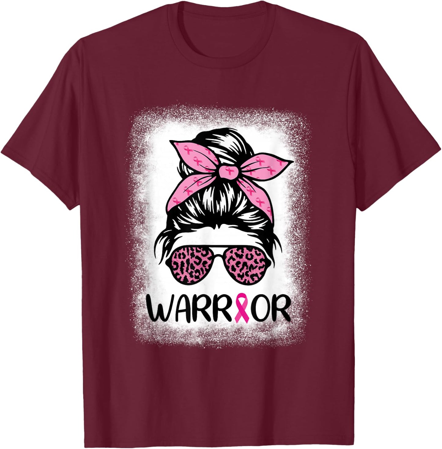 Warrior Breast Cancer Women Messy Bun Bleached Leopard T-Shirt - T-Shirt | Maroon