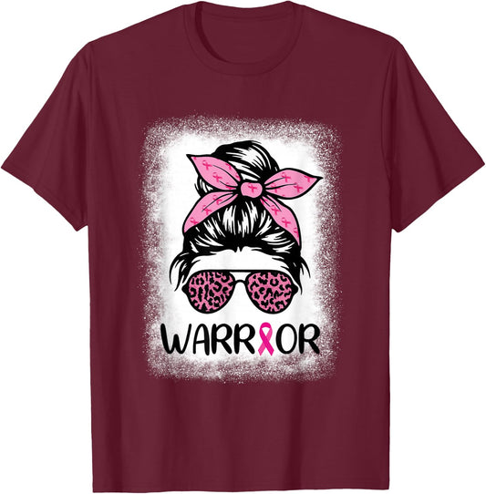 Warrior Breast Cancer Women Messy Bun Bleached Leopard T-Shirt - T-Shirt | Maroon