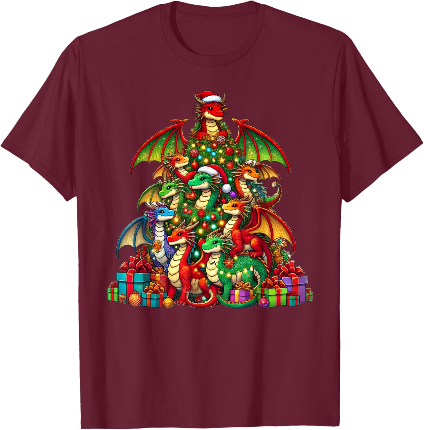 Dragon Christmas Tree Funny Dragon Xmas T-Shirt - T-Shirt | Maroon