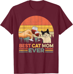 Vintage Best Cat Mom Ever Wine Drinking Women T-Shirt - T-Shirt | Maroon