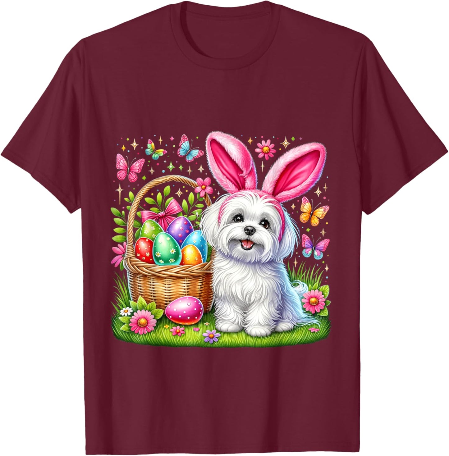 Cute Bunny Maltese Dog Easter Eggs Basket Easter Day Party T-Shirt - T-Shirt | Maroon