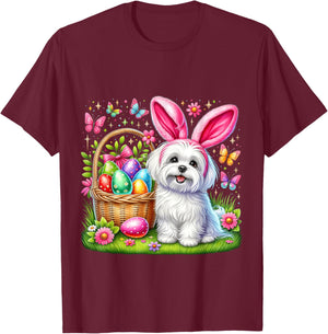 Cute Bunny Maltese Dog Easter Eggs Basket Easter Day Party T-Shirt - T-Shirt | Maroon