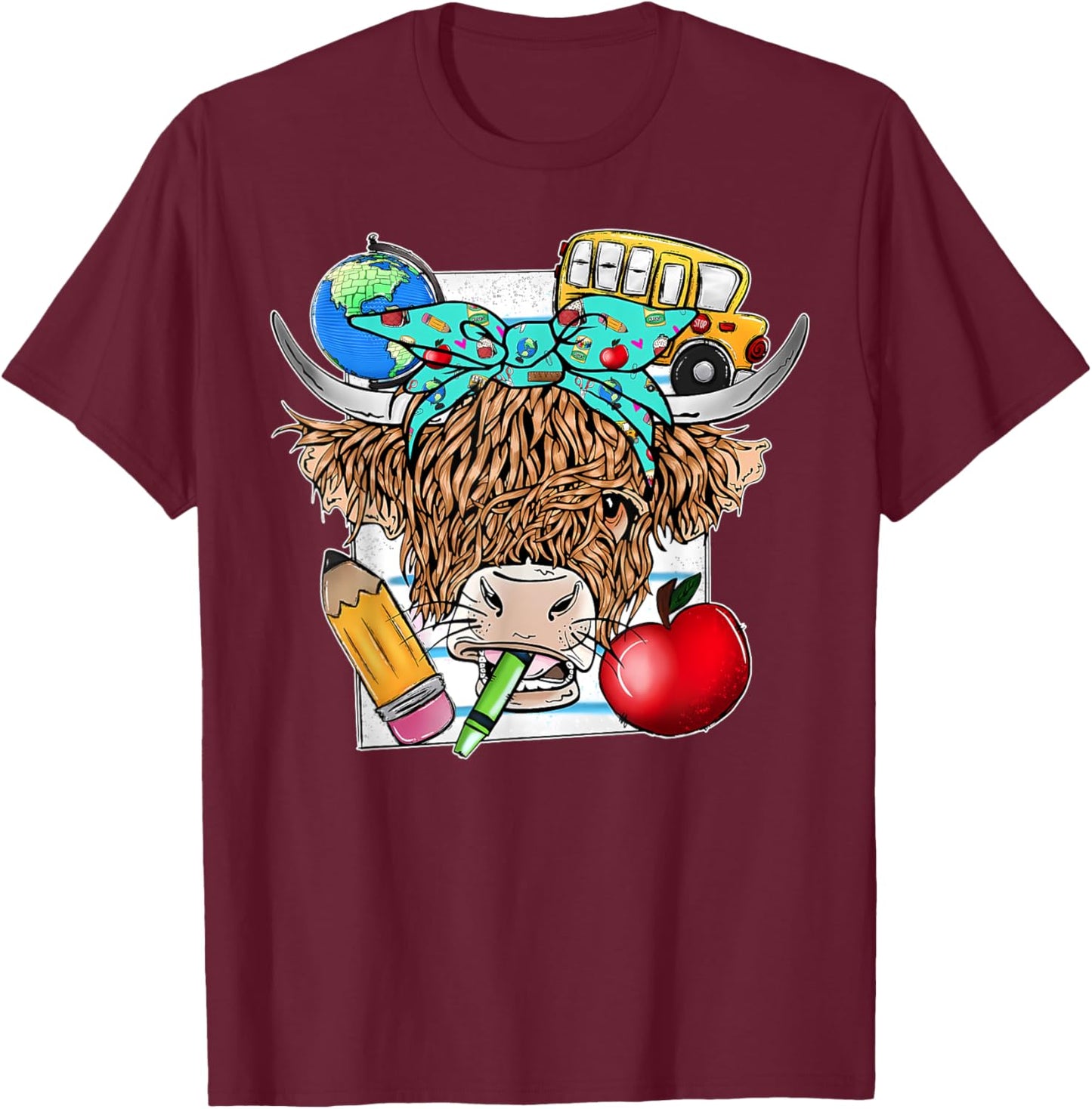 Highland Cow Teacher Farm Western Cute Cow Bandana Women Kids T-Shirt - T-Shirt | Maroon