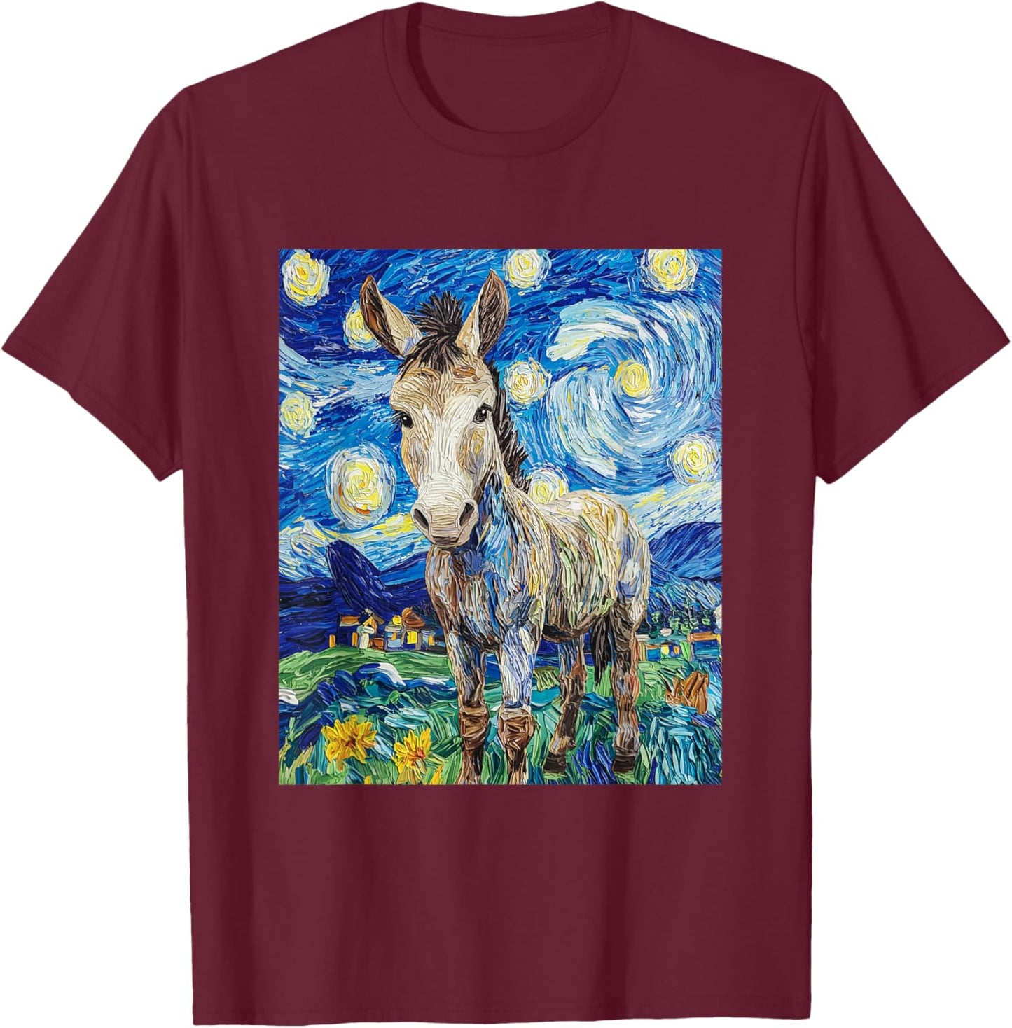 Funny Donkey - Van Gogh Style - Starry Night Graphic T-Shirt - T-Shirt | Maroon