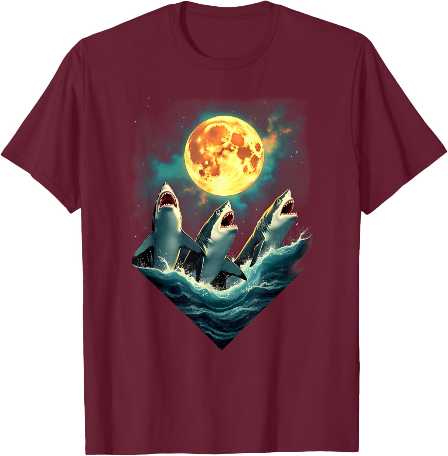 Aesthetic 3 Sharks Howling At The Moon T-Shirt - T-Shirt | Maroon
