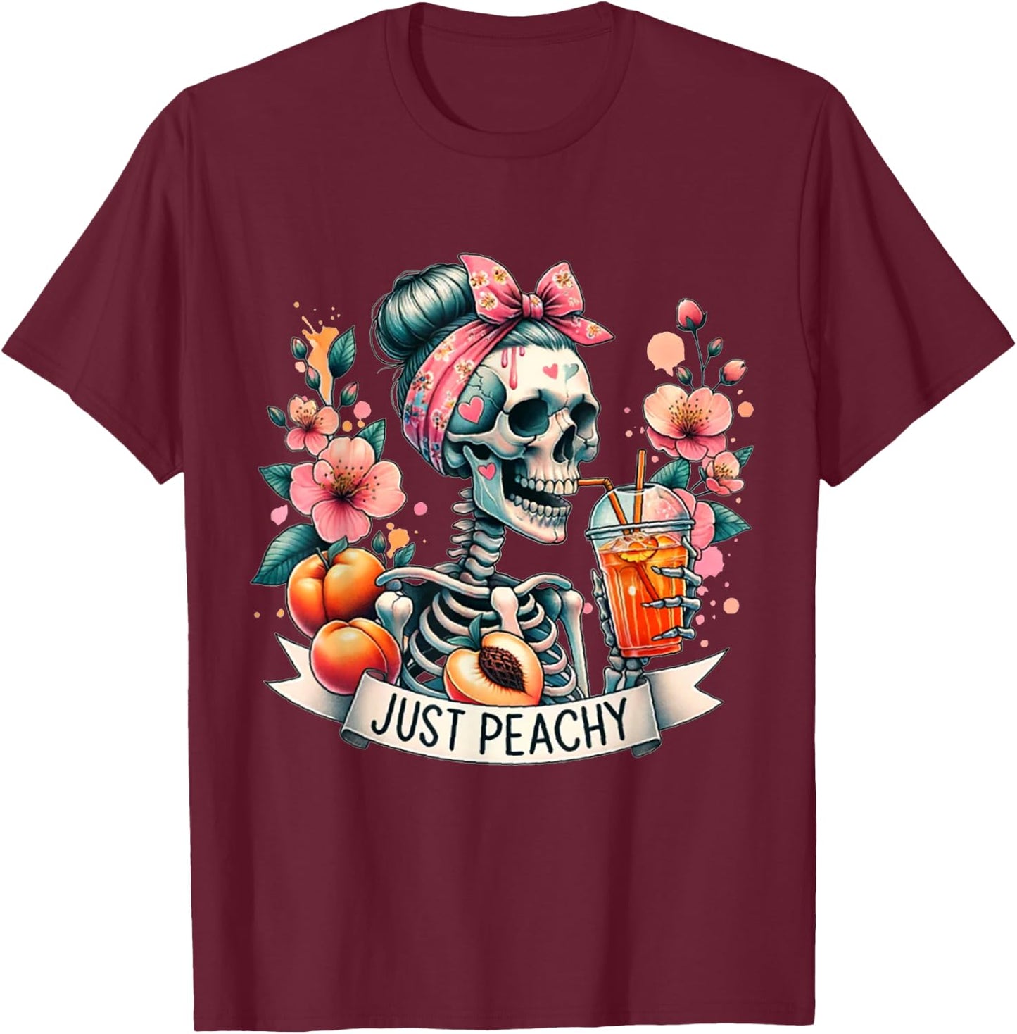 Just Peachy Skeleton Retro 70s Hippie Summer Vibes T-Shirt - T-Shirt | Maroon