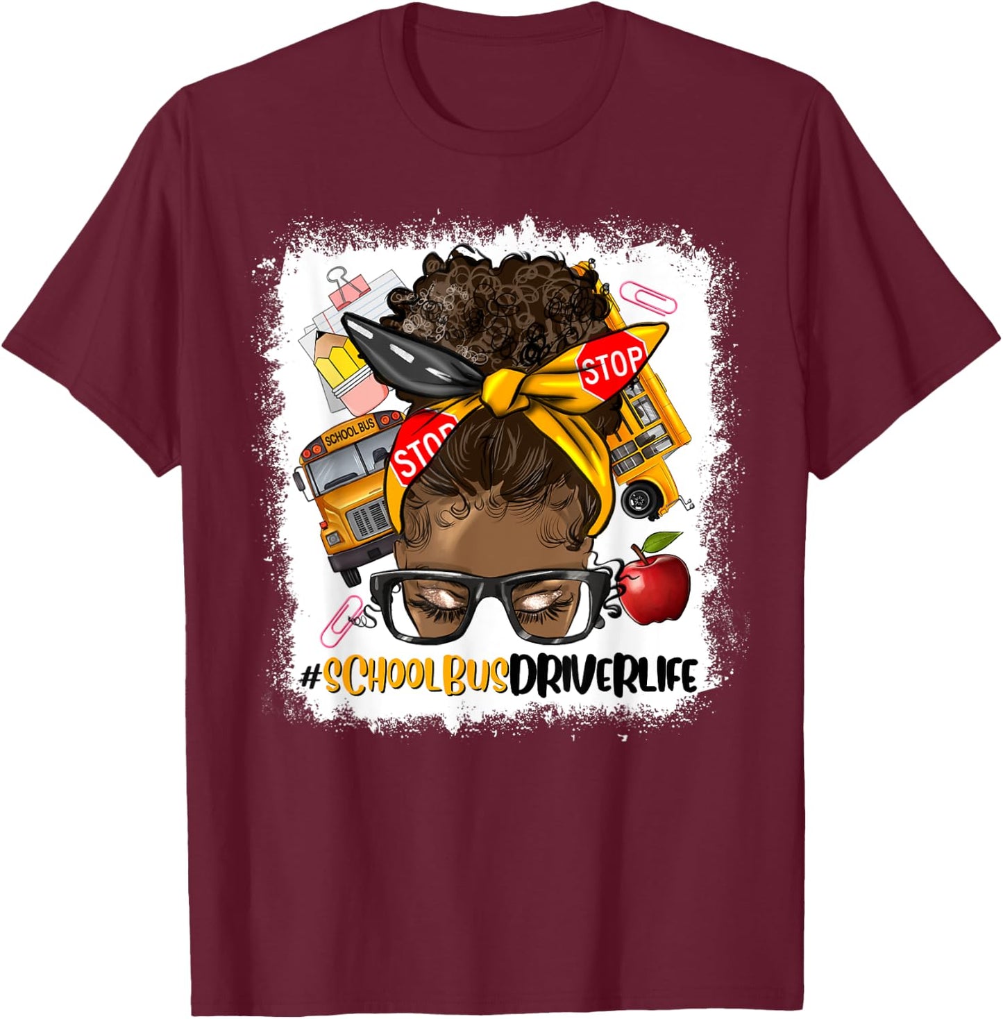 Afro Messy Bun School Bus Driver Black Woman T-Shirt - T-Shirt | Maroon