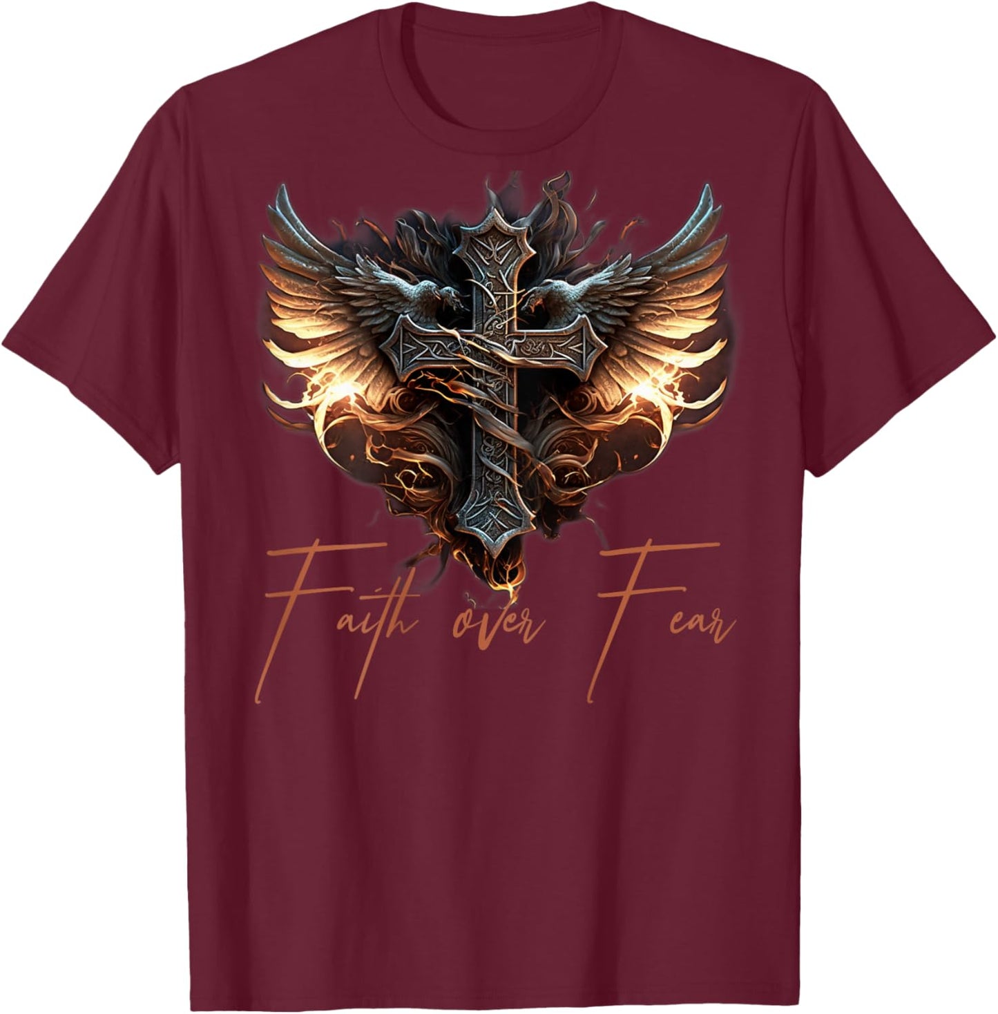 Biker Angel Wings Christian Cross Faith Over Fear - On Back T-Shirt - T-Shirt | Maroon
