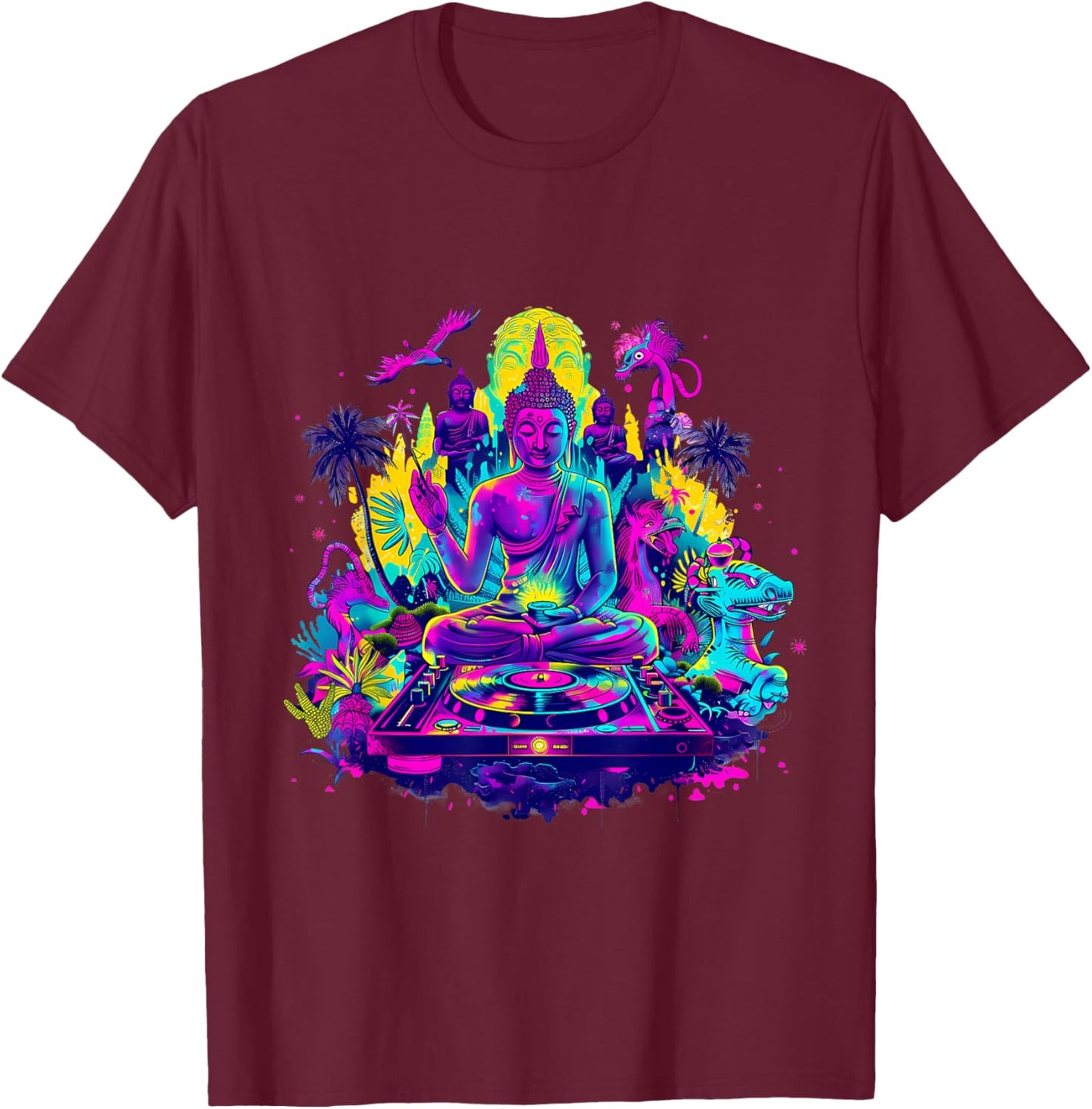 Buddha DJ Tropical Turntable DJ Buddha Dance Club Meditation T-Shirt - T-Shirt | Maroon