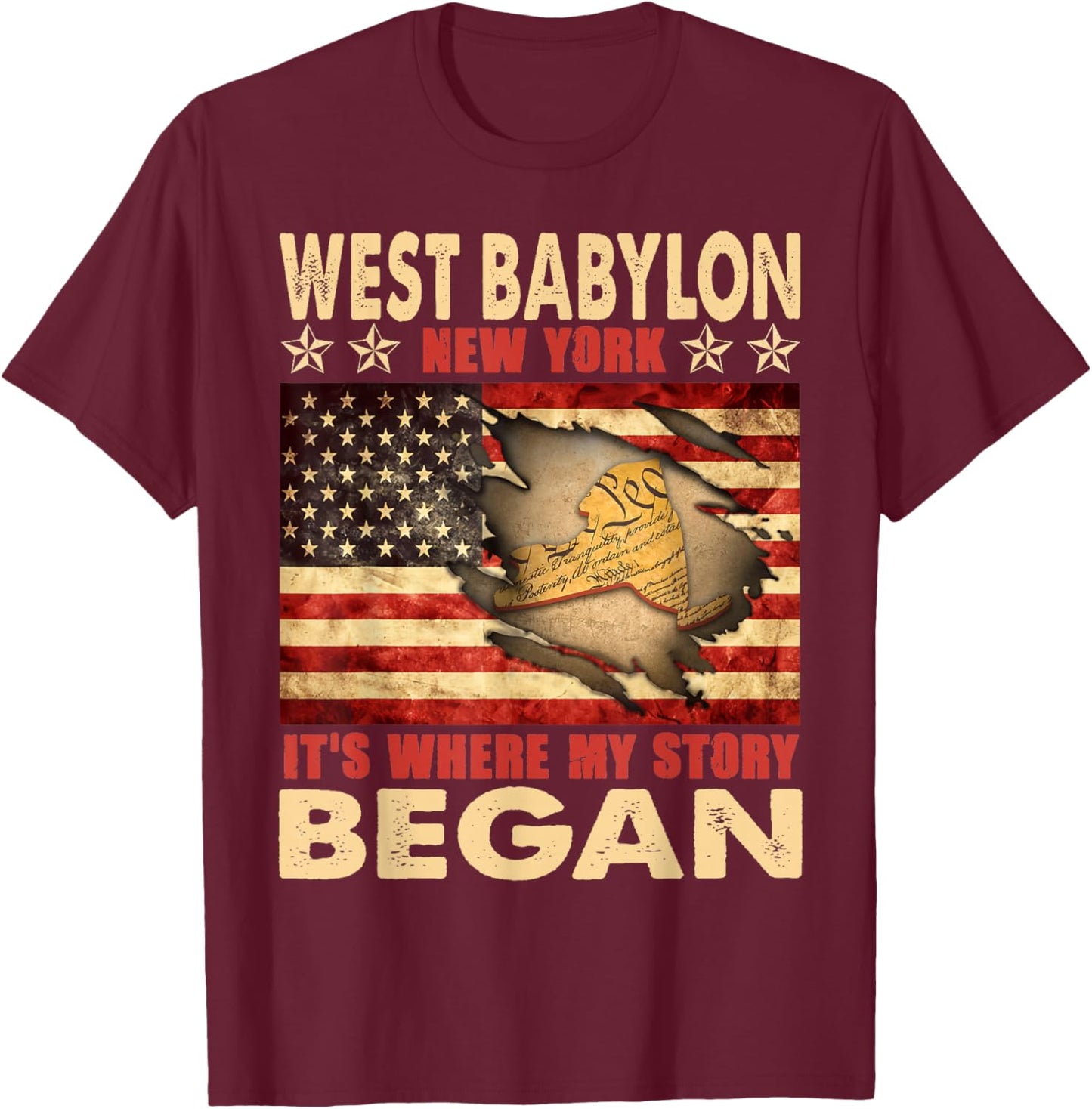 West Babylon New York USA Flag 4th Of July T-Shirt - T-Shirt | Maroon