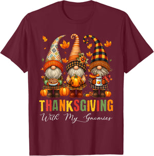 Thanksgiving with My Gnomies Thanksgiving Women Men Pumpkin T-Shirt - T-Shirt | Maroon