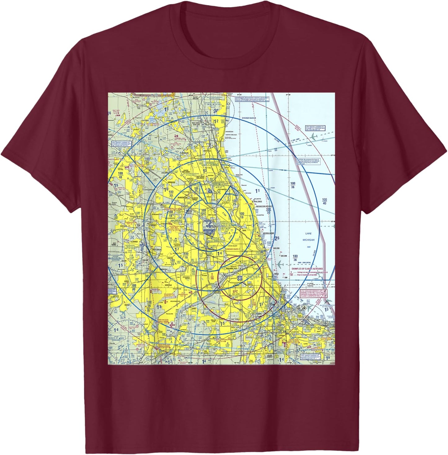 Aeronautical VFR Sectional Chart - Chicago T-Shirt - T-Shirt | Maroon