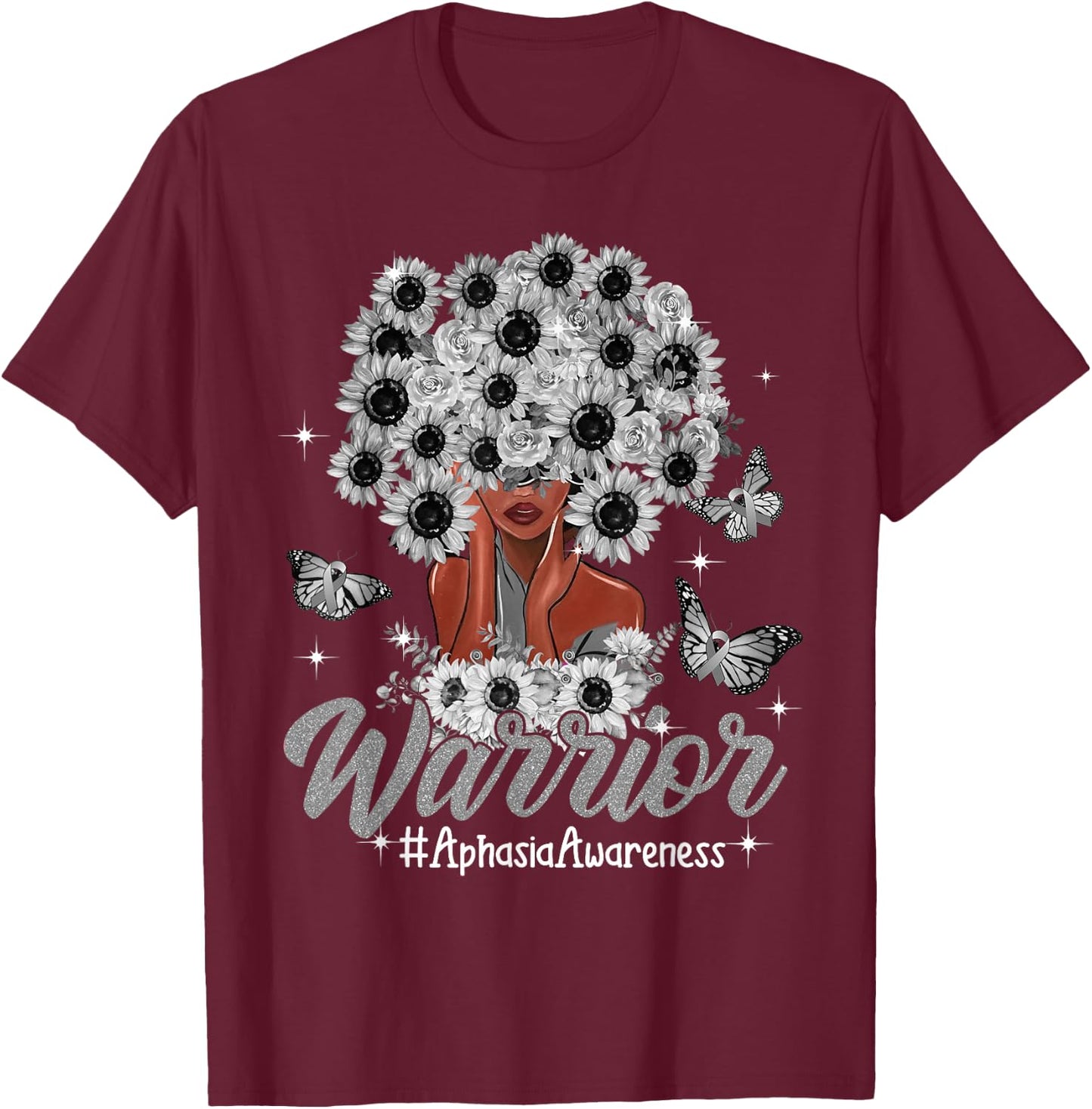Warrior Black Women Sunflower Hair Aphasia Awareness T-Shirt - T-Shirt | Maroon