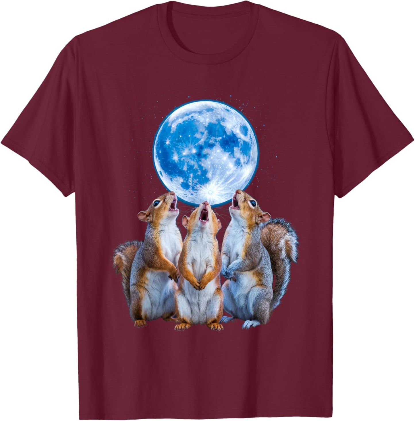 Three Squirrels Howling At The Moon, 3 Squirrel Moon T-Shirt - T-Shirt | Maroon