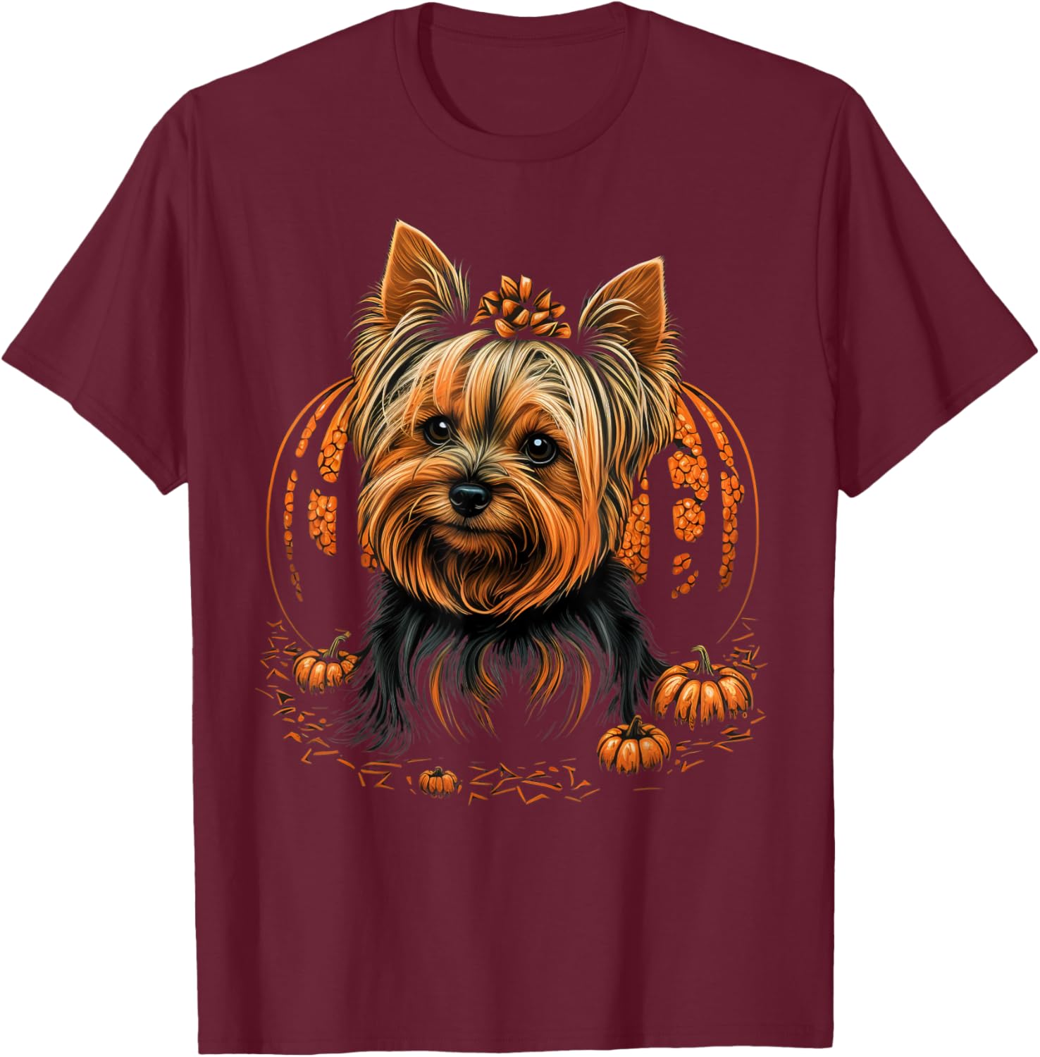 Pumpkin Yorkie Costume on Yorkshire Terrier Halloween T-Shirt - T-Shirt | Maroon