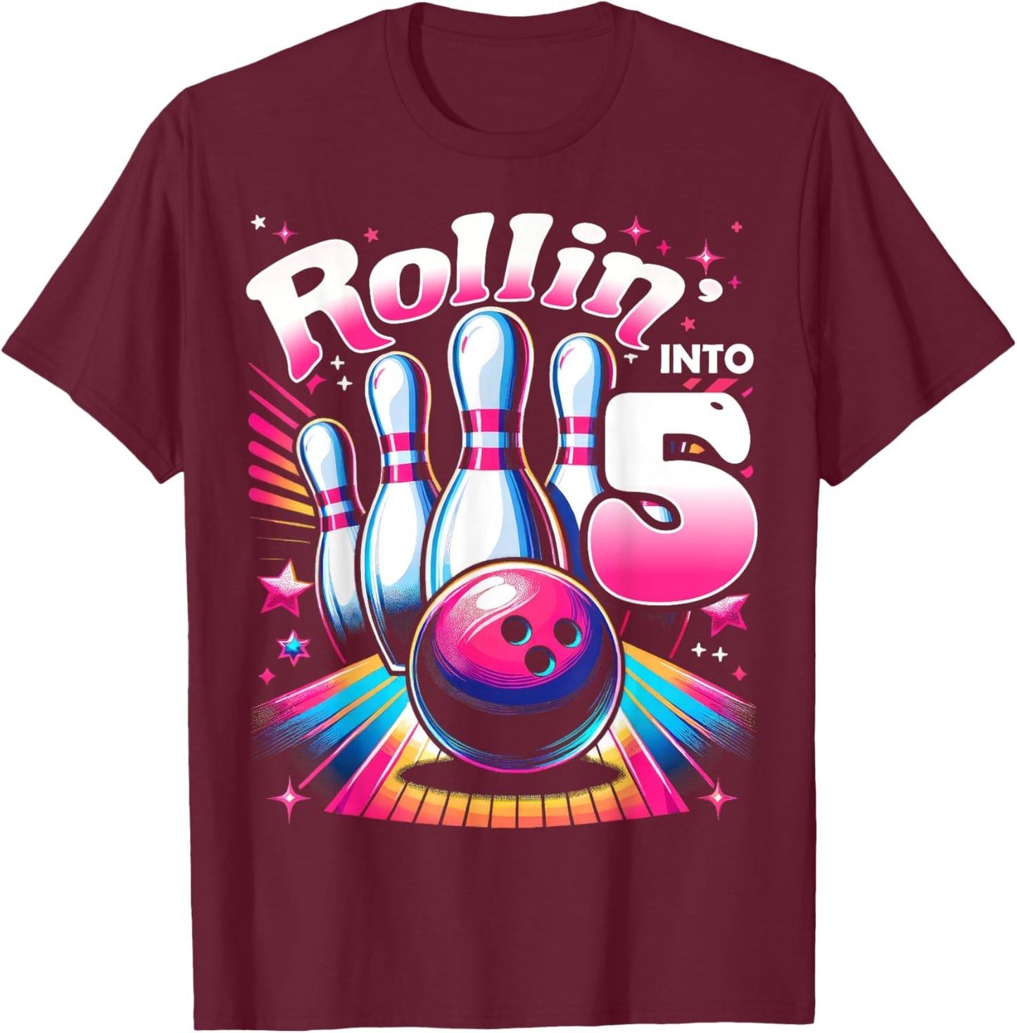 Bowling Birthday Rollin into 5 Party 5th Birthday Retro Girl T-Shirt - T-Shirt | Maroon