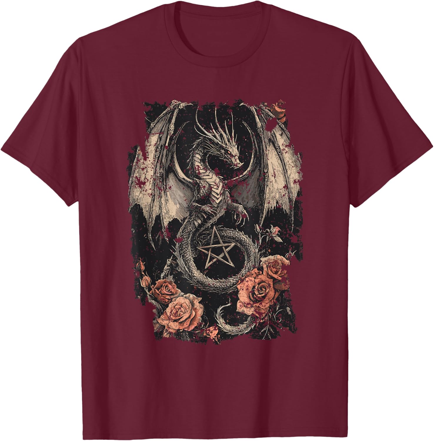 Dragon with Pentagram and Roses - Gothic Dragon T-Shirt - T-Shirt | Maroon