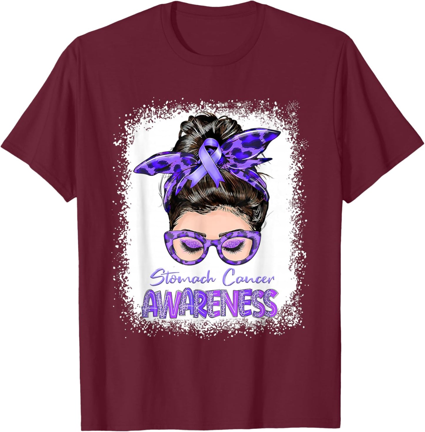 Messy Bun Periwinkle Ribbon Stomach Cancer Awareness T-Shirt - T-Shirt | Maroon