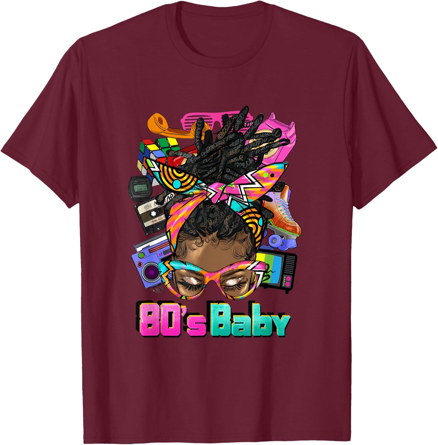 80's Baby Afro Messy Bun African American 1980's Retro T-Shirt - T-Shirt | Maroon