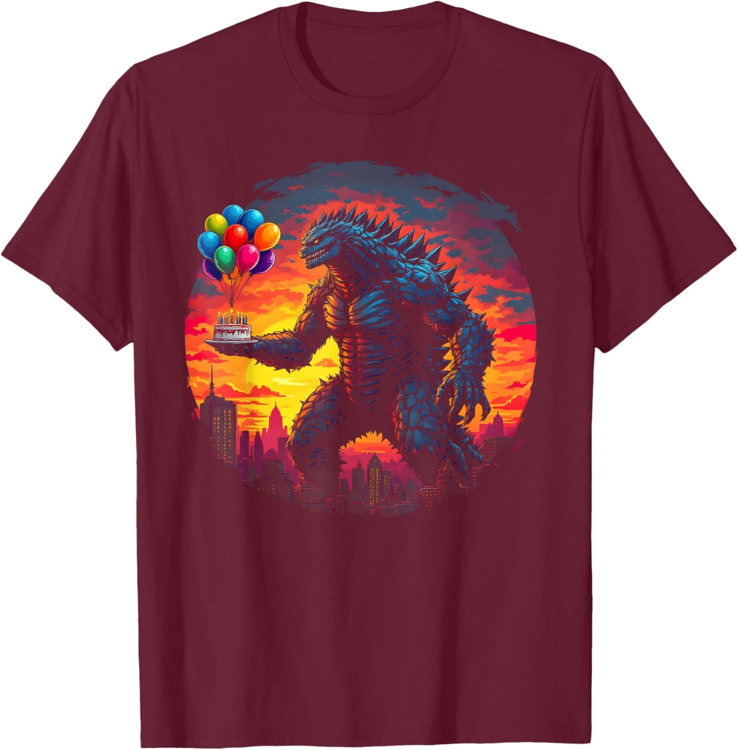 Kaiju Balloon And Cake Funny Japanese Monster Lover Birthday T-Shirt - T-Shirt | Maroon