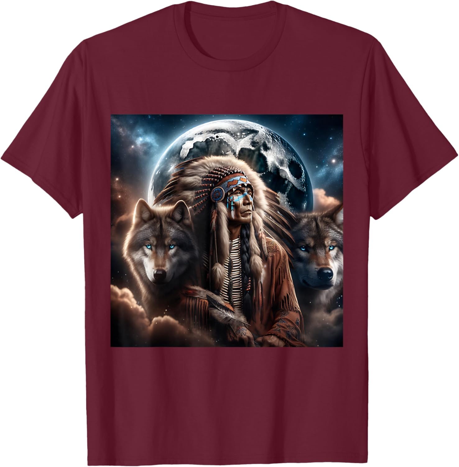 Indianer Tiere Mond Indianer mit Wolf Damen Schwarz S EU 38/40 T-Shirt - T-Shirt | Maroon
