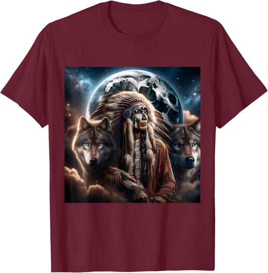 Indianer Tiere Mond Indianer mit Wolf Damen Schwarz S EU 38/40 T-Shirt - T-Shirt | Maroon