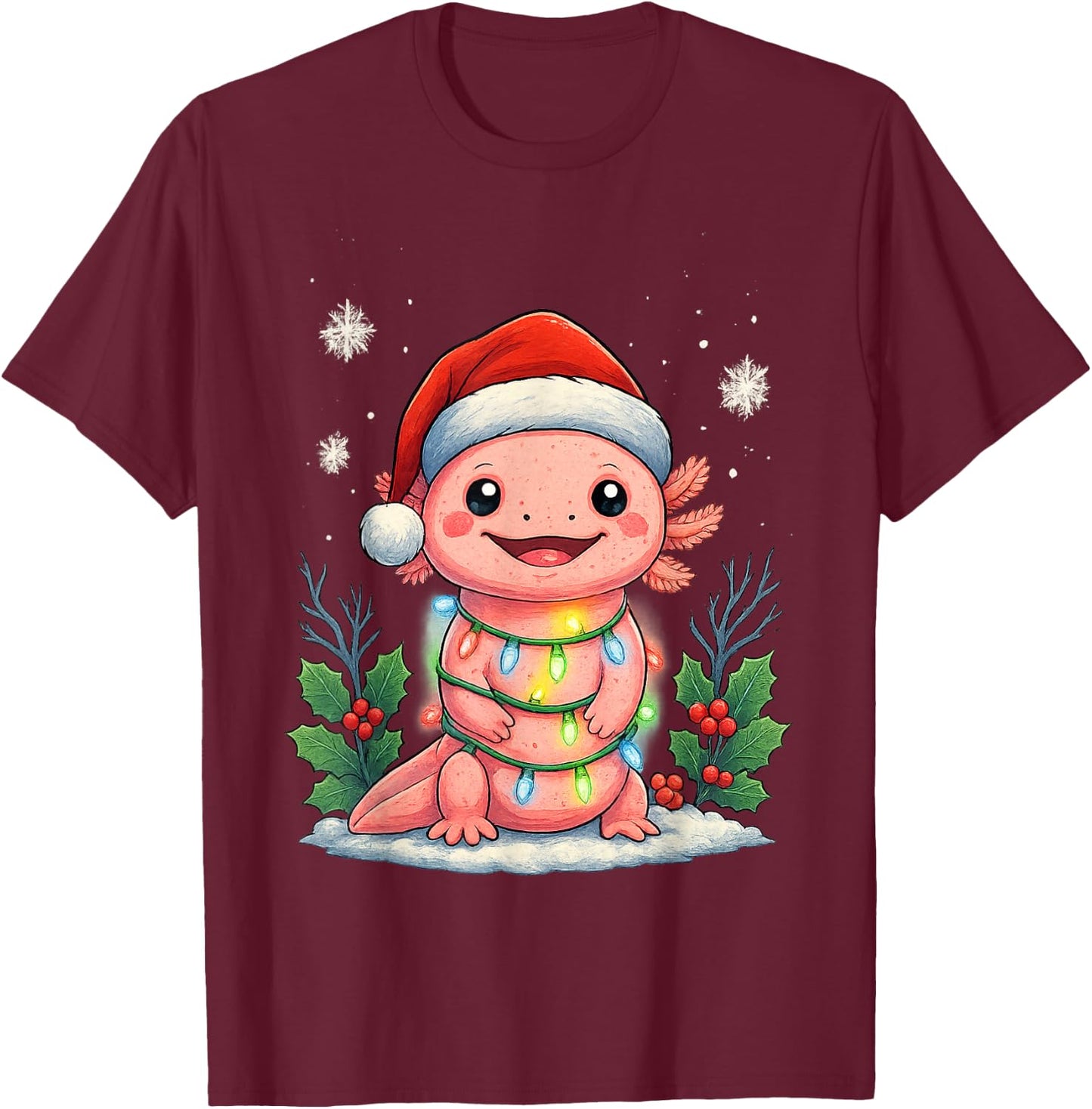 Girls Axolotl Christmas Santa Hat Funny Xmas Pajamas Kids T-Shirt - T-Shirt | Maroon