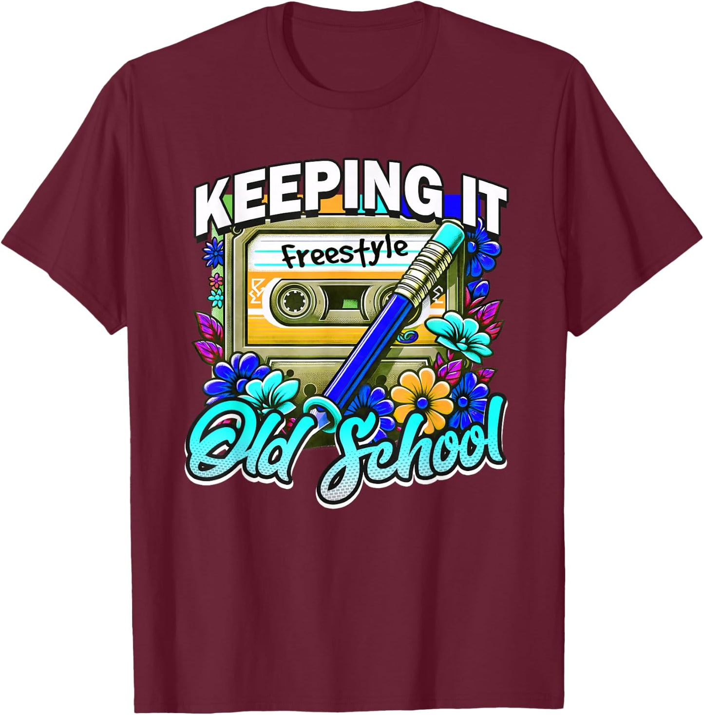 Rewind Cassette Pencil Old School Music Freestyle for 80s T-Shirt - T-Shirt | Maroon