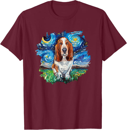 Basset Hound Starry Night Impressionist Dog Art by Aja T-Shirt - T-Shirt | Maroon