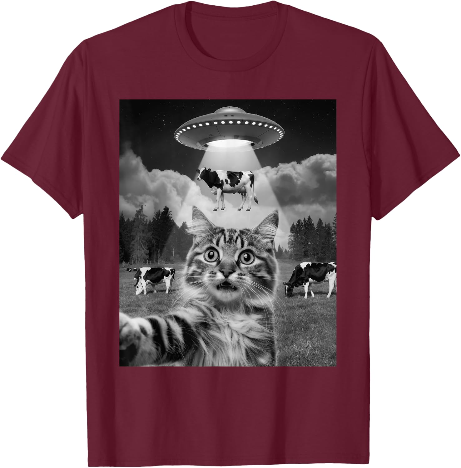 Cat Selfie Flying Alien UFO Cow Lover Men Women Kids T-Shirt - T-Shirt | Maroon