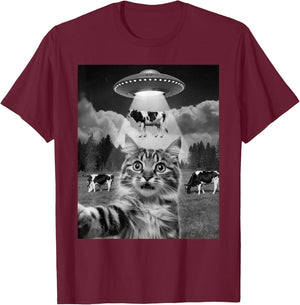 Cat Selfie Flying Alien UFO Cow Lover Men Women Kids T-Shirt - T-Shirt | Maroon