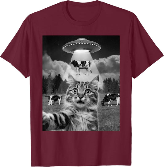 Cat Selfie Flying Alien UFO Cow Lover Men Women Kids T-Shirt - T-Shirt | Maroon