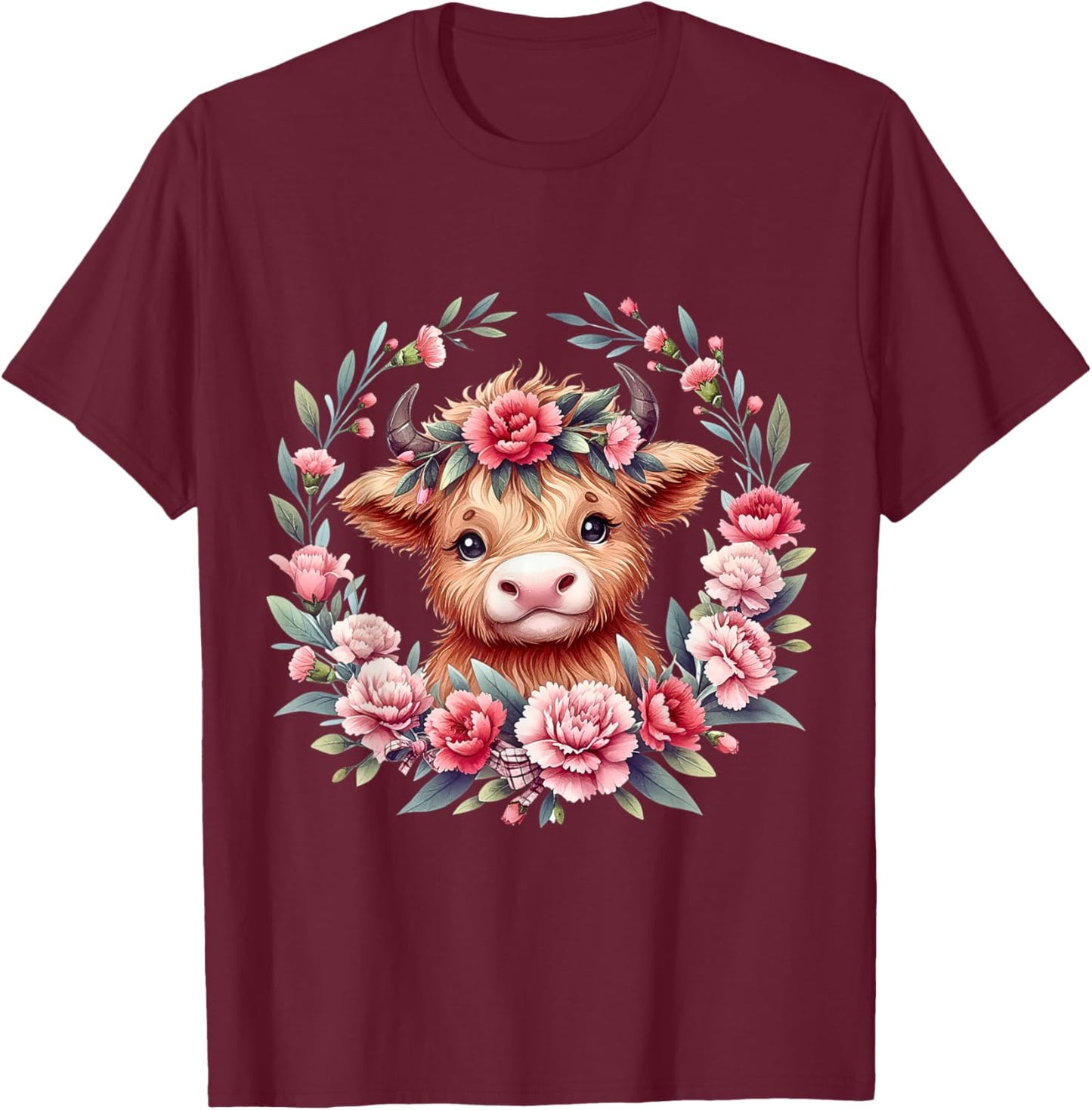 Cute Baby Highland Cow With Carnation Flower Scottish Farm T-Shirt - T-Shirt | Maroon