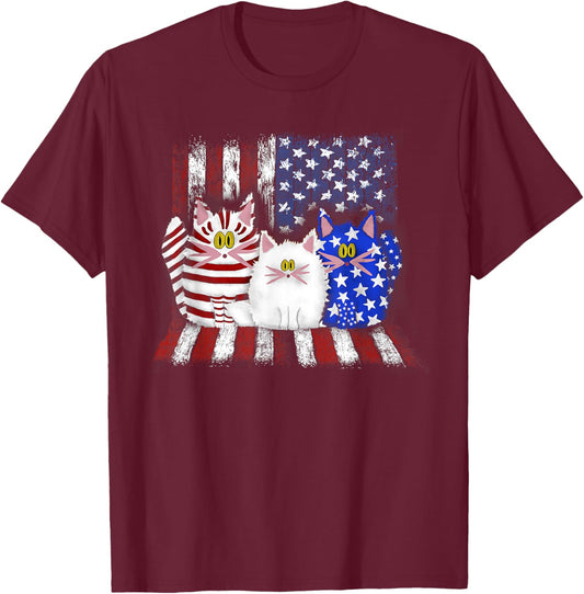 Three Cats American Flag - Blue - Cat - White - Cat - Red T-Shirt - T-Shirt | Maroon