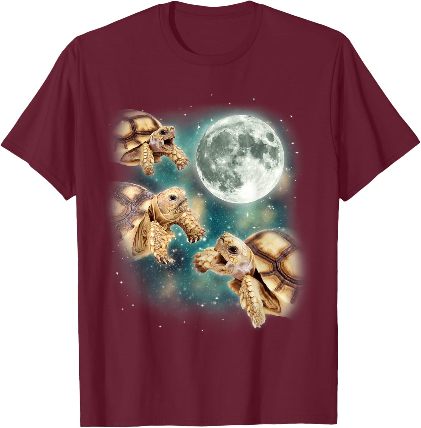 Three Tortoises Howl at Moon Wildlife Mountain Turtle Meme T-Shirt - T-Shirt | Maroon