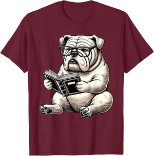 Cute Dog English Bulldog Reading Book Women Girls Kids T-Shirt - T-Shirt | Maroon
