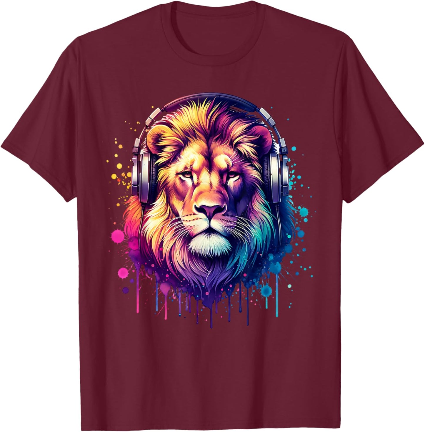 Lion With Headphones T-Shirt - T-Shirt | Maroon